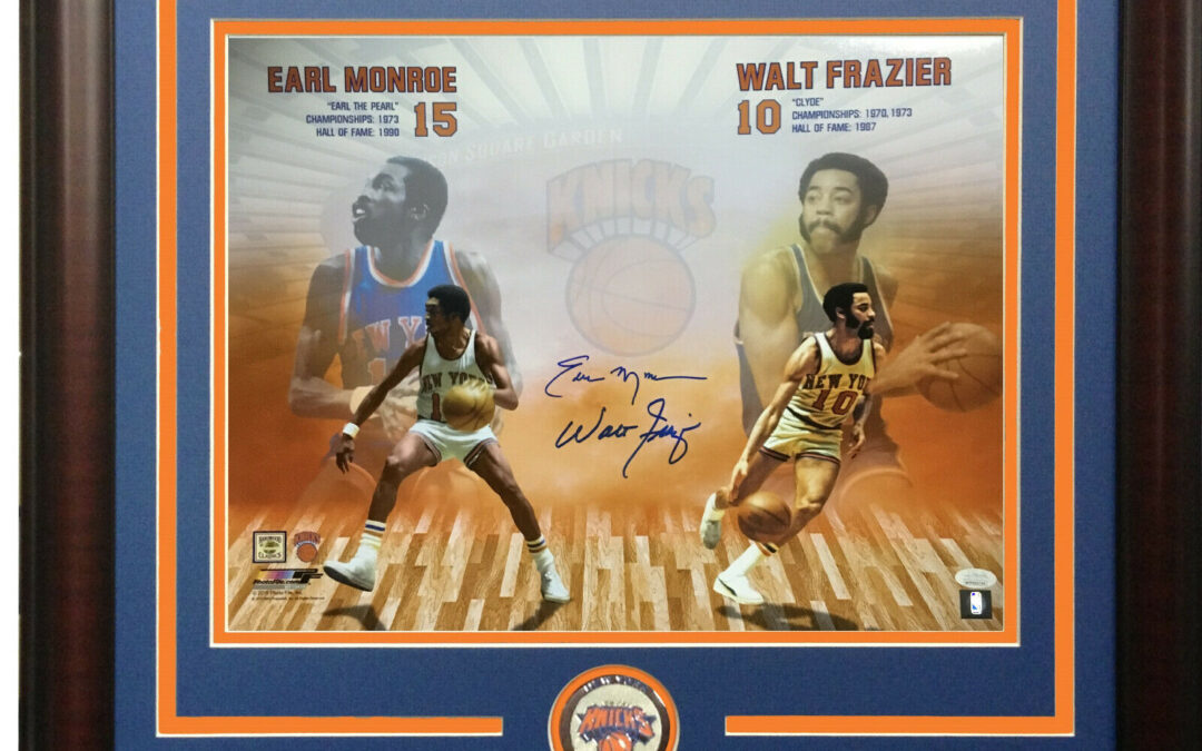 Walt Frazier Earl Monroe signed 16×20 photo framed Knicks coin 2 auto JSA COA