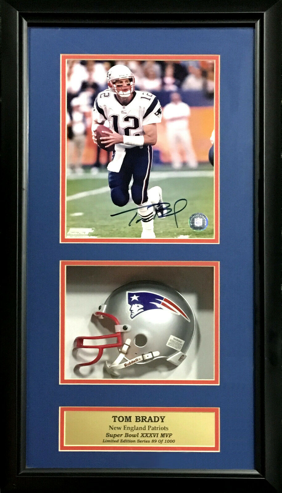 Tom Brady Signed 8×10 photo framed Patriots mini helmet vintage auto COA /1000