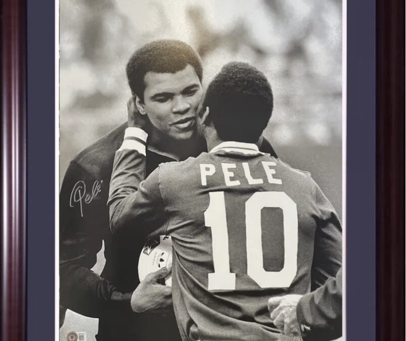 Pele Hand Signed 16×20 Hugging Muhammad Ali Framed In Cherry Wood Beckett COA