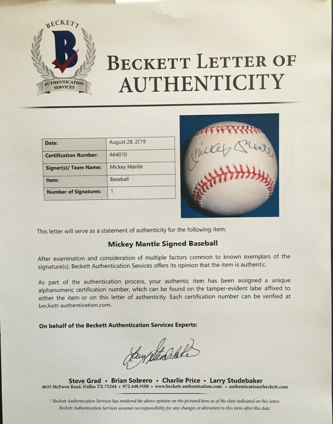 Mickey Mantle Signed Official A.L Baseball BAS Beckett COA MINT 10 ? Auto  Beauty - Cardboard Memories