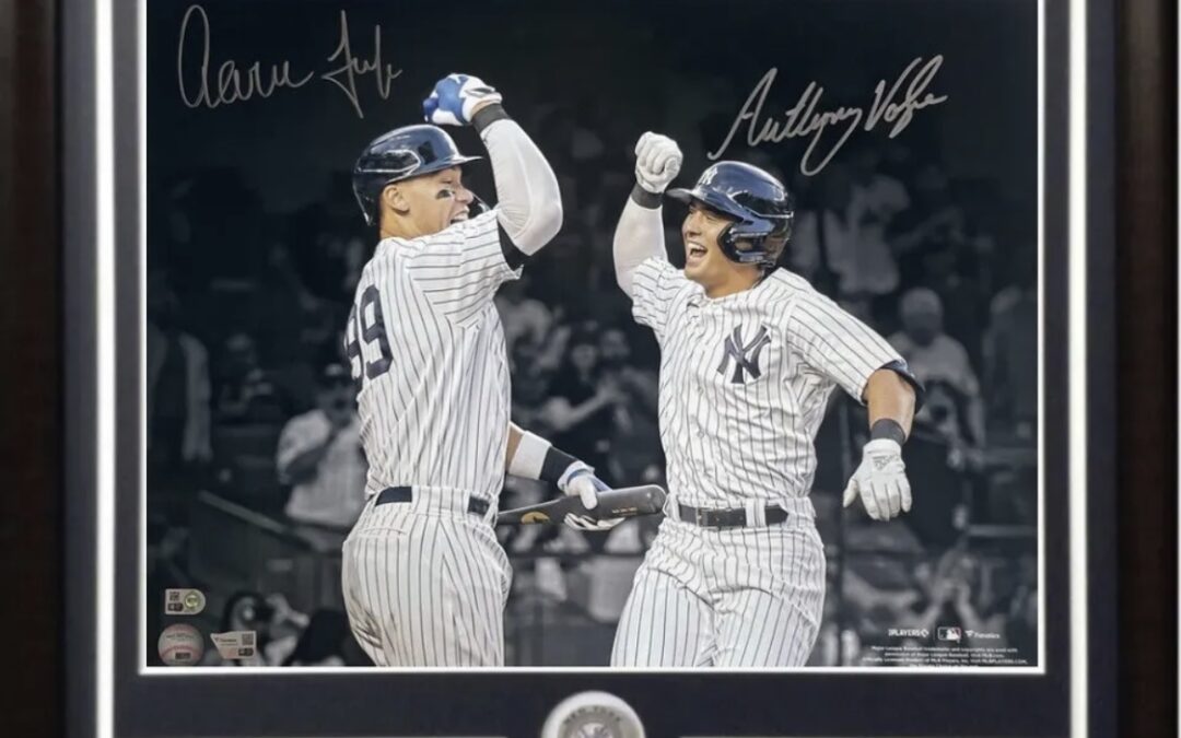 Aaron Judge Anthony Volpe Signed 16×20 Framed Photo Volpe 1st Home Run Dual Autograph Fanatics COA