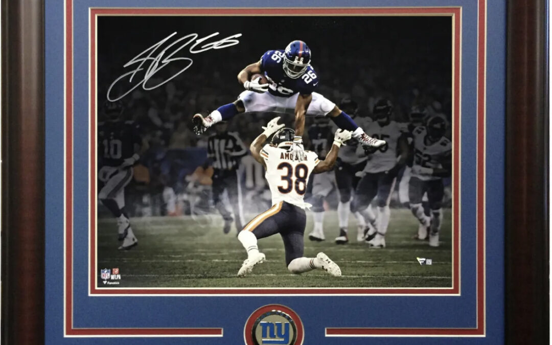 Saquon Barkley Signed 16×20 Framed Rookie Hurdle Photo NY Giants Autograph Fanatics COA