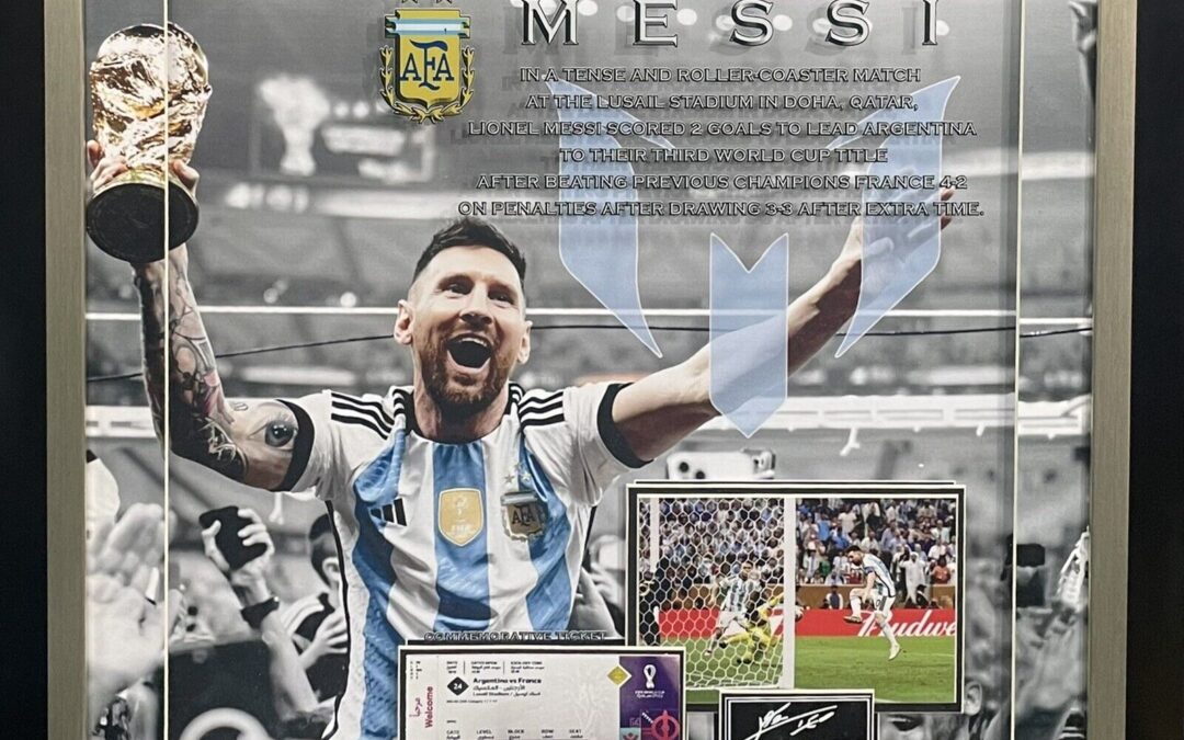 Lionel Messi Framed 3D Creation Collage Facsimile Autograph Argentina 2022 World Cup Ticket