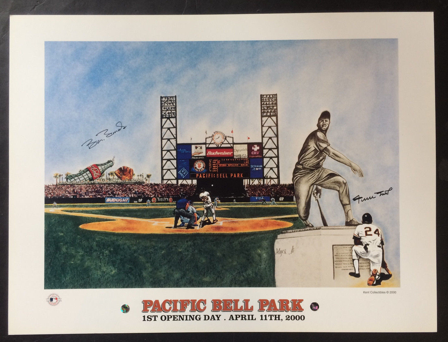 Willie Mays Barry Bonds signed pacific bell park litho 2 auto Say Hey holo COA