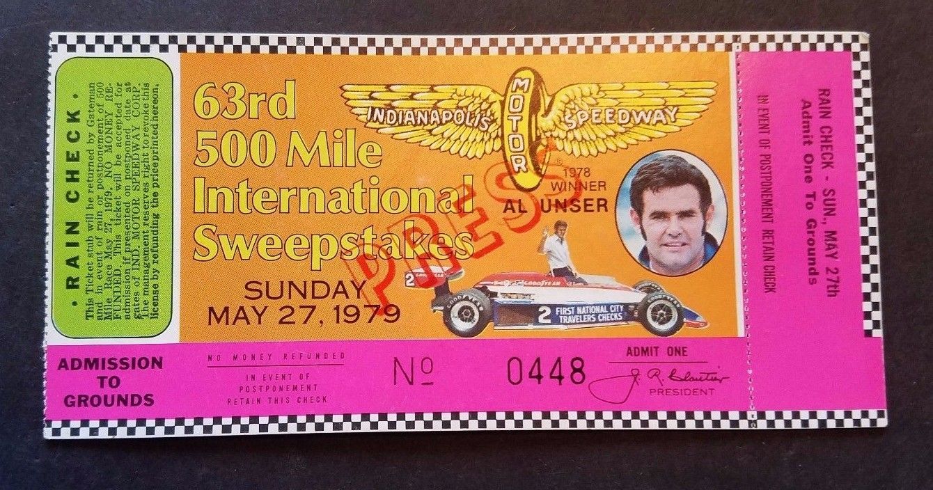 1979 INDIANAPOLIS Indy 500 63rd Press TICKET Stub Nm – Mint May 26 Rick Mears