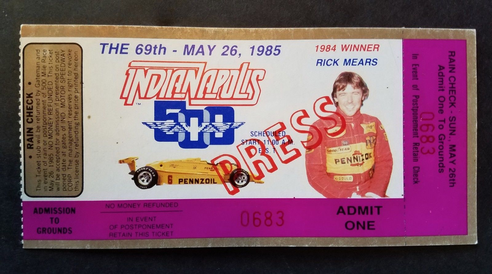 1985 INDIANAPOLIS Indy 500 Press TICKET Stub Nm – Mint May 26 Danny Sullivan