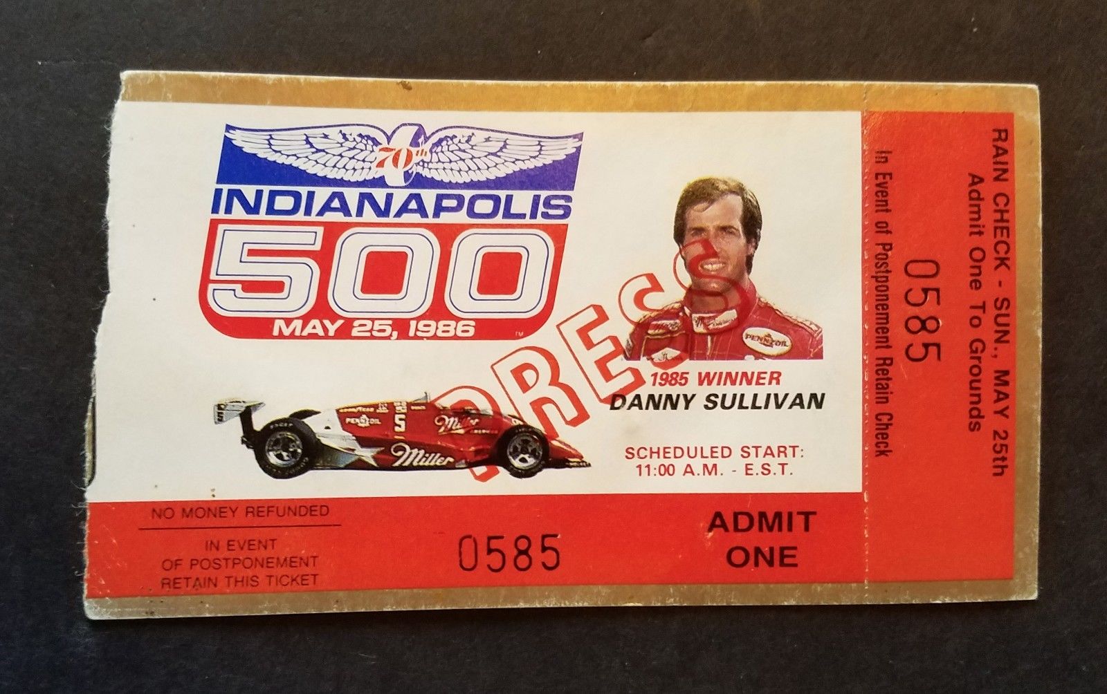 1986 INDIANAPOLIS Indy 500 70th Press TICKET Stub May 25th Bobby Rahal