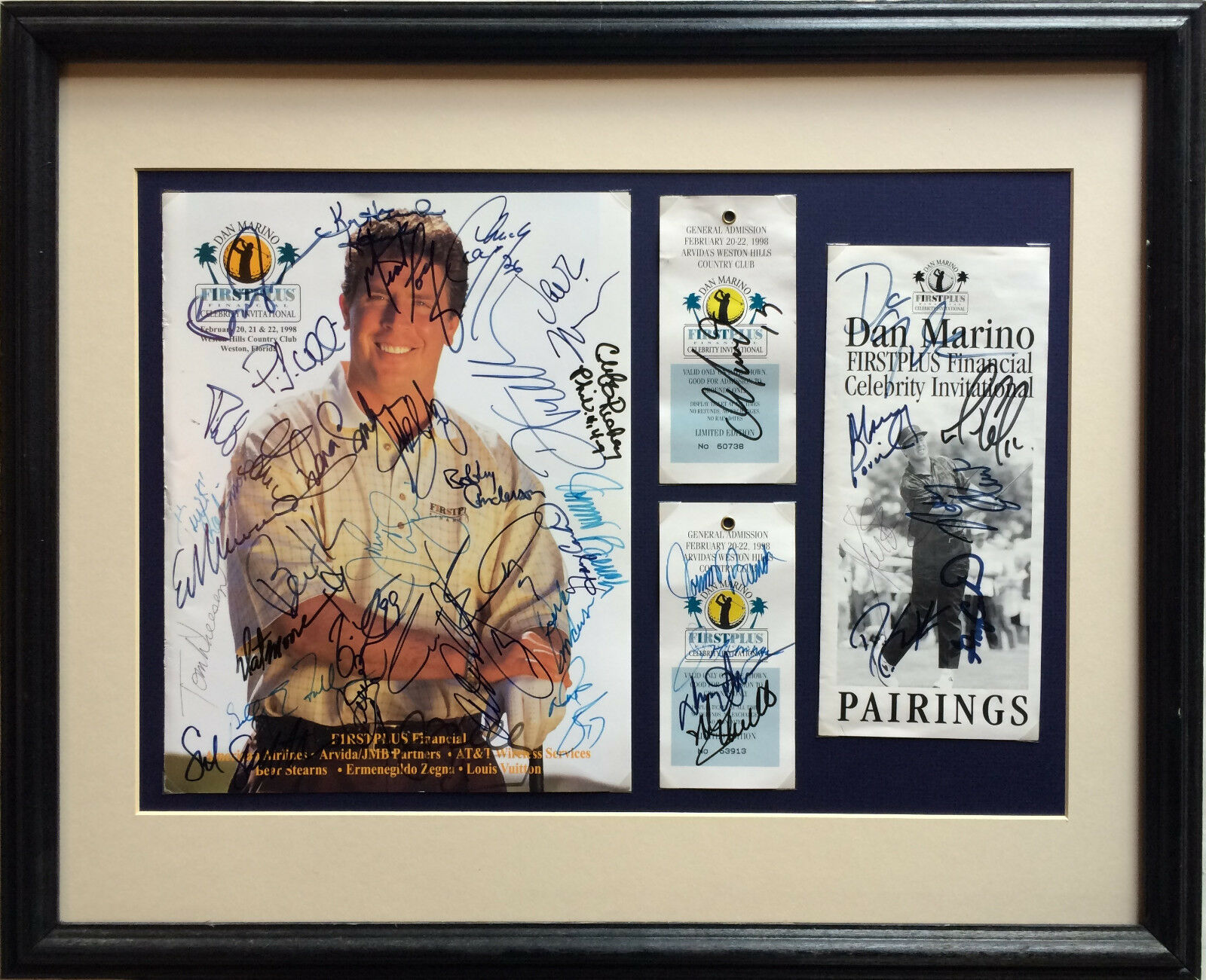 Dan Marino signed celebrity golf program ticket collage framed 40+ auto CBM COA