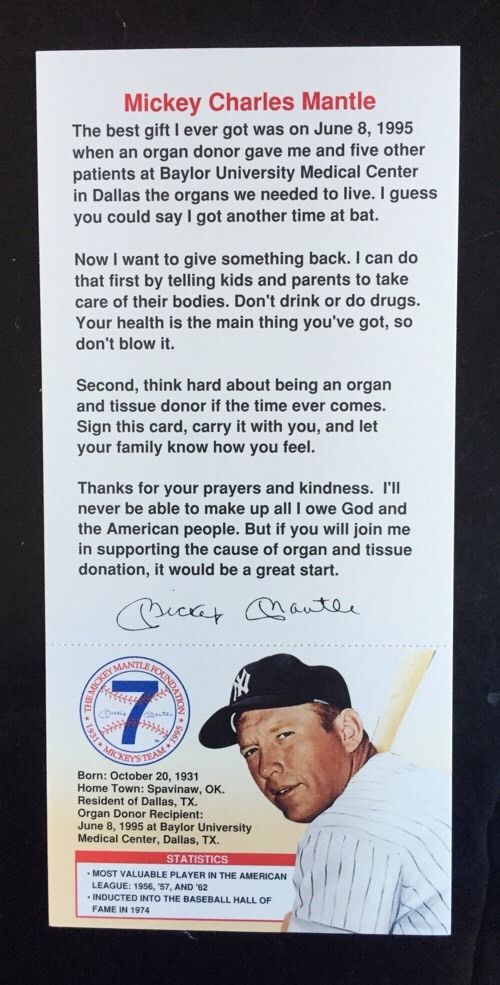 Mickey Mantle 1996 Organ Donor Card New York Yankees Mint