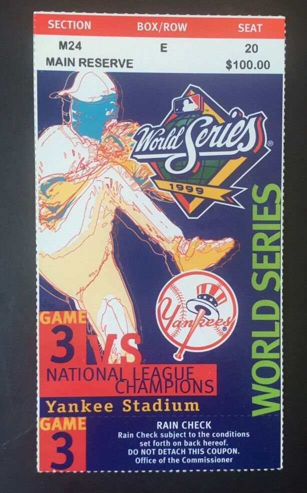 1999 World Series Game 3 Ticket Stub Nm Mariano Rivera Win Ws Mvp Yankee Stadium