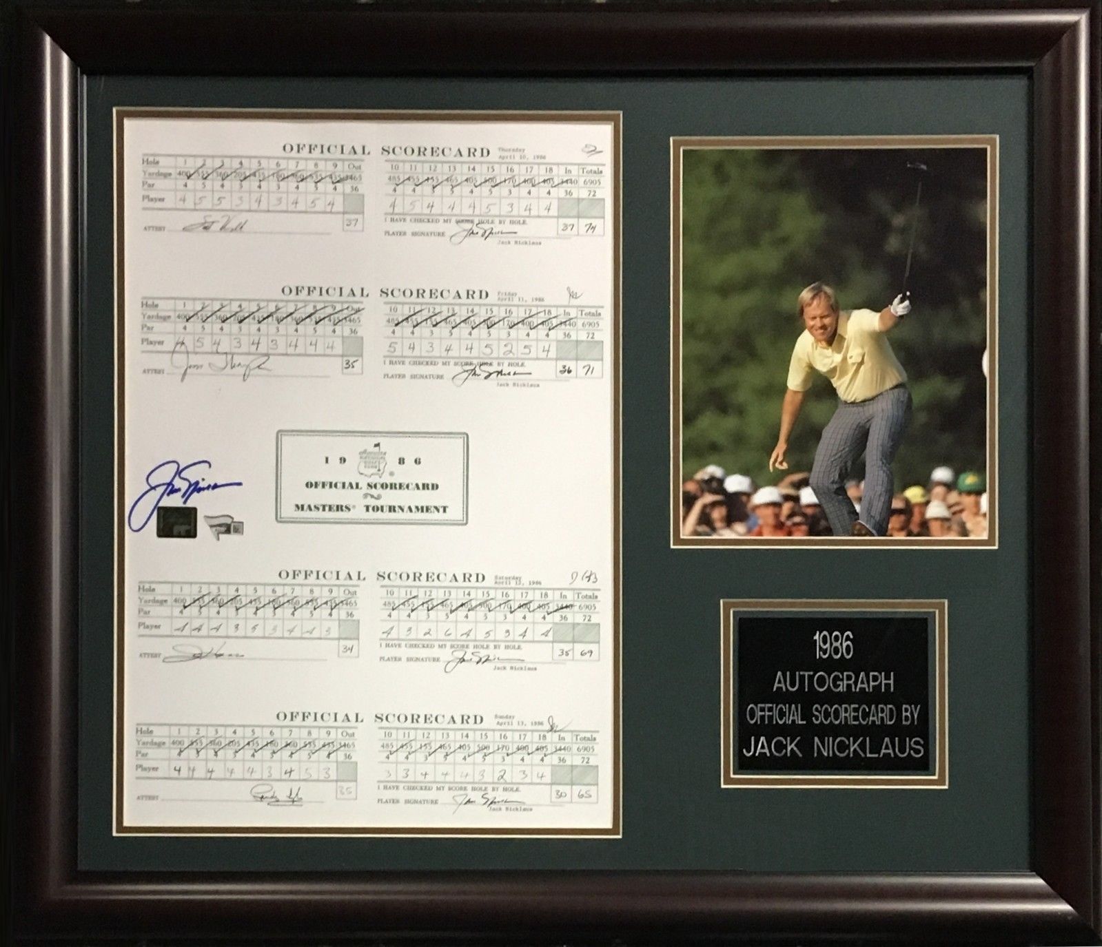 Jack Nicklaus signed 1986 Masters score card 8×10 photo framed auto Fanatics COA