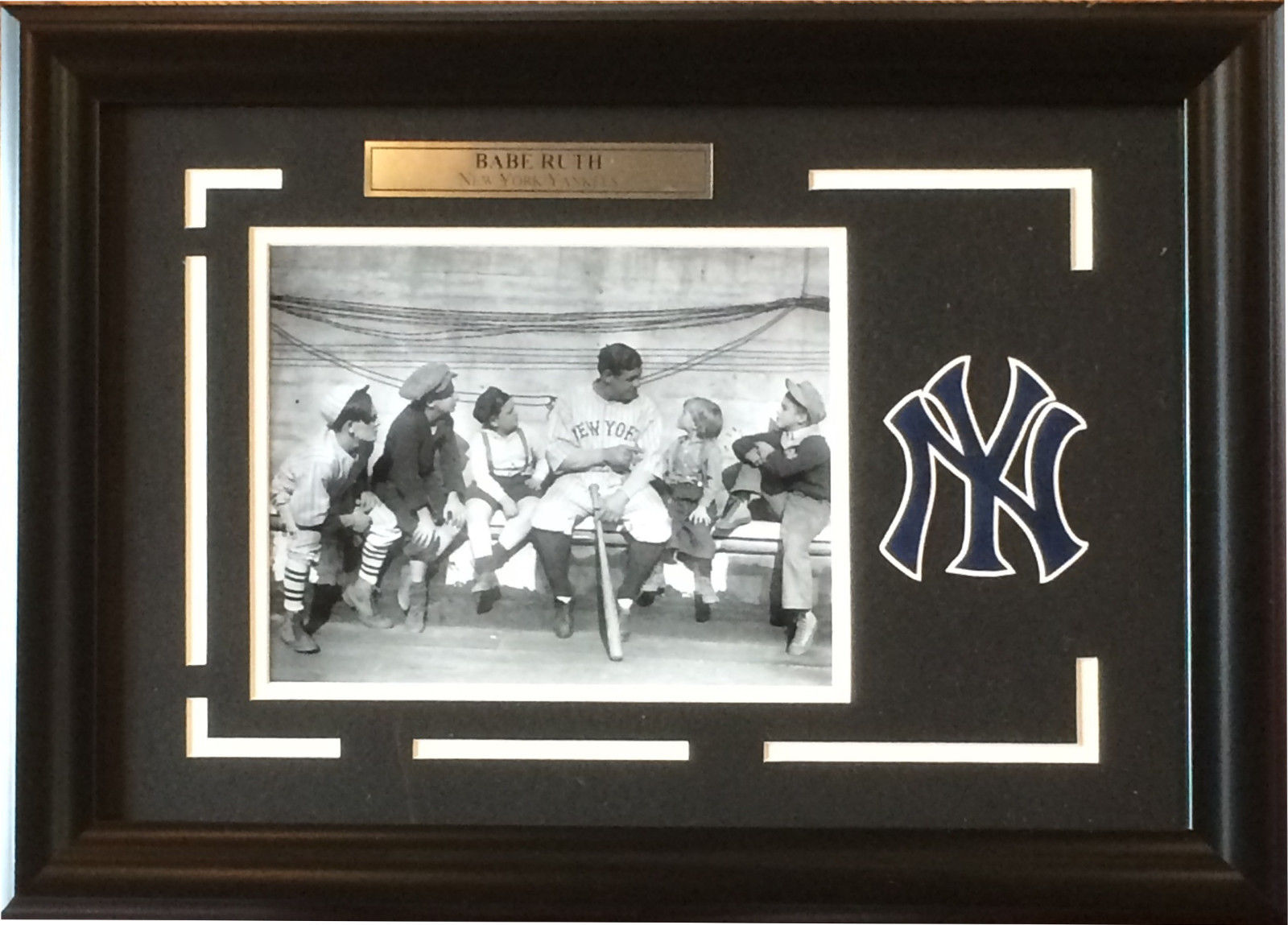 Babe Ruth with kids  New York Yankees logo 8×10 photo framed collage 22×16
