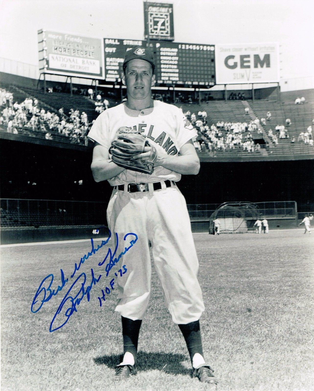 Ralph Kiner Signed 8×10 Photograph Ins HOF 75 Best Wishes Indians HOF Auto COA