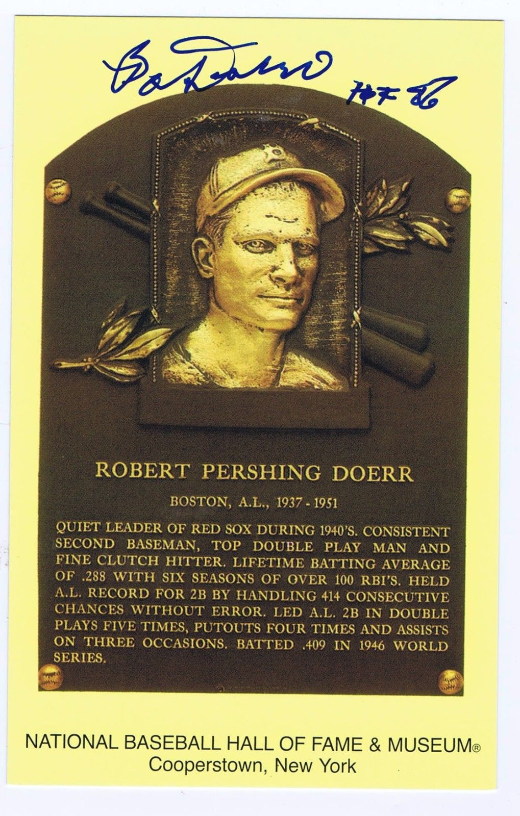 Bob Doerr Signed Hall Of Fame  Postcard Plaque Ins HOF 86 Red Sox Auto  cbm COA