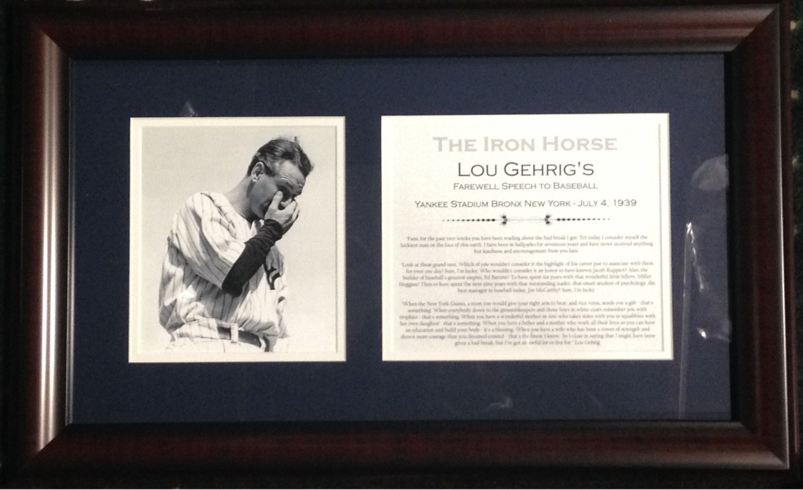 Lou Gehrig Iron Horse framed Farewell speech & photo Yankees Hall of famer HOF