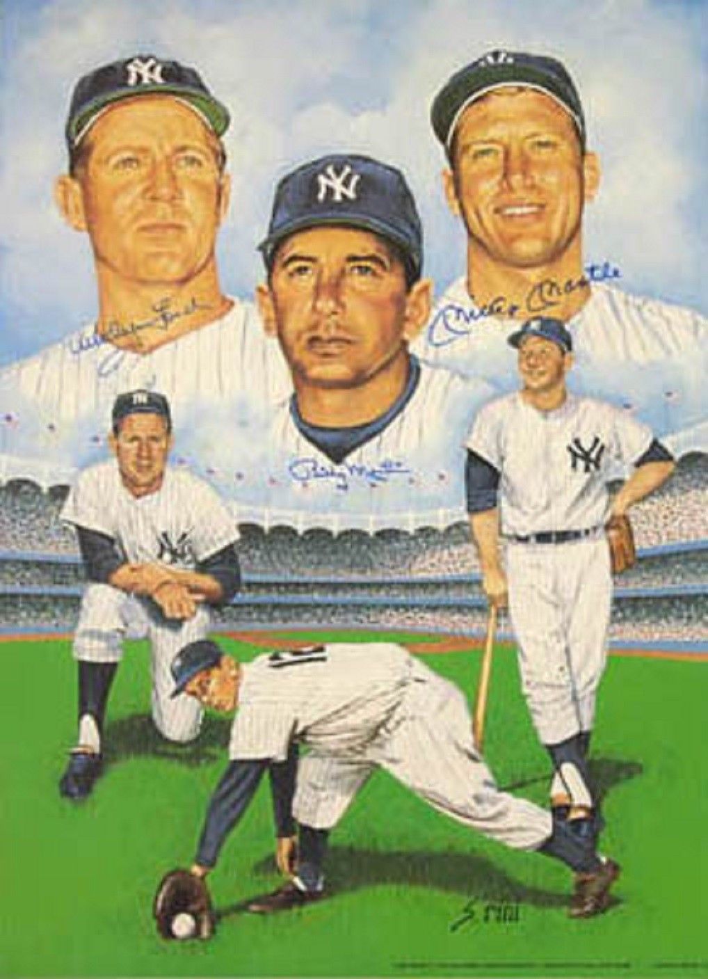 Mickey Mantle Billy Martin Whitey Ford Signed 19×25 Yankees Lithograph hunt  COA