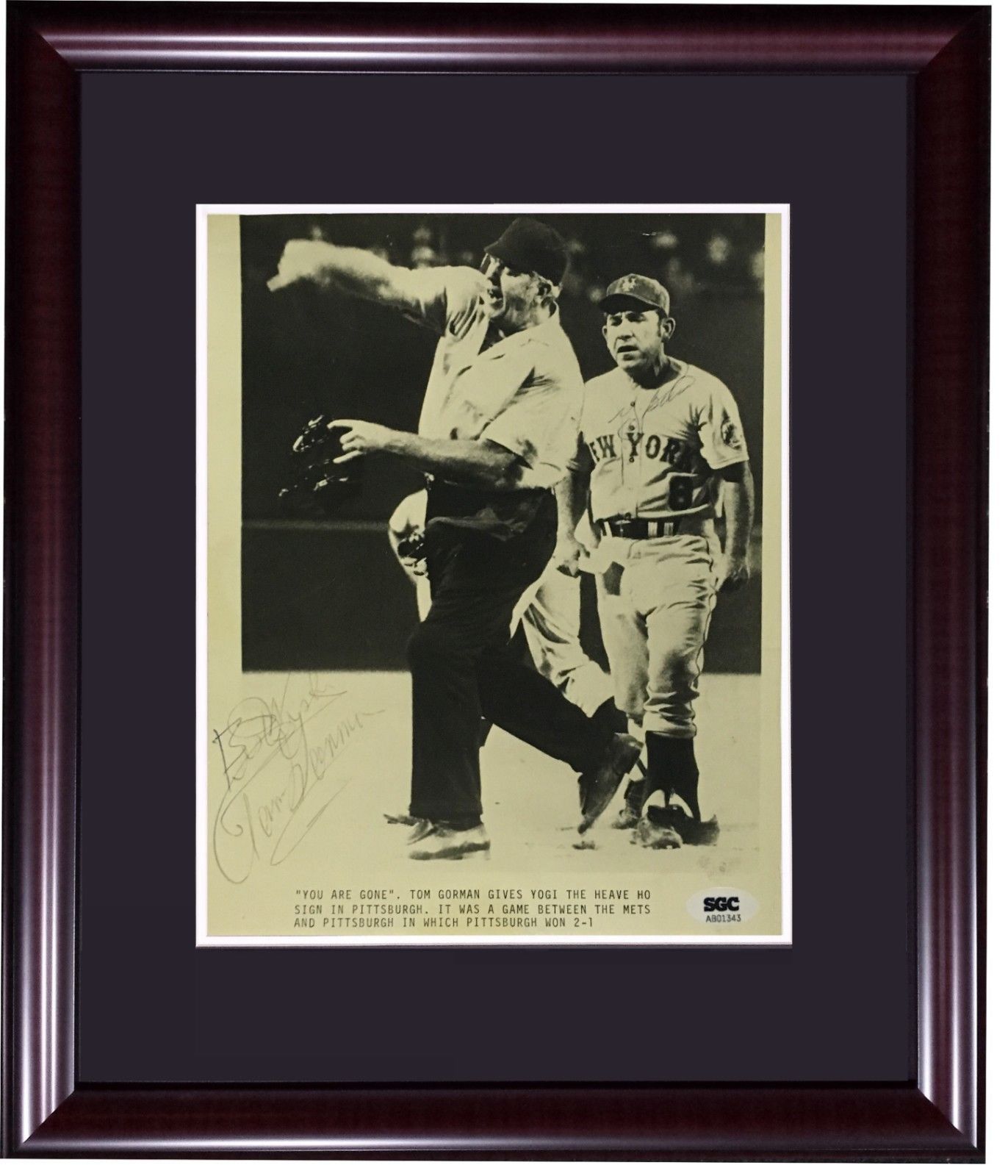 Yogi Berra Tom Gorman dual signed 8×10 original wire photo framed SGC COA 1/1