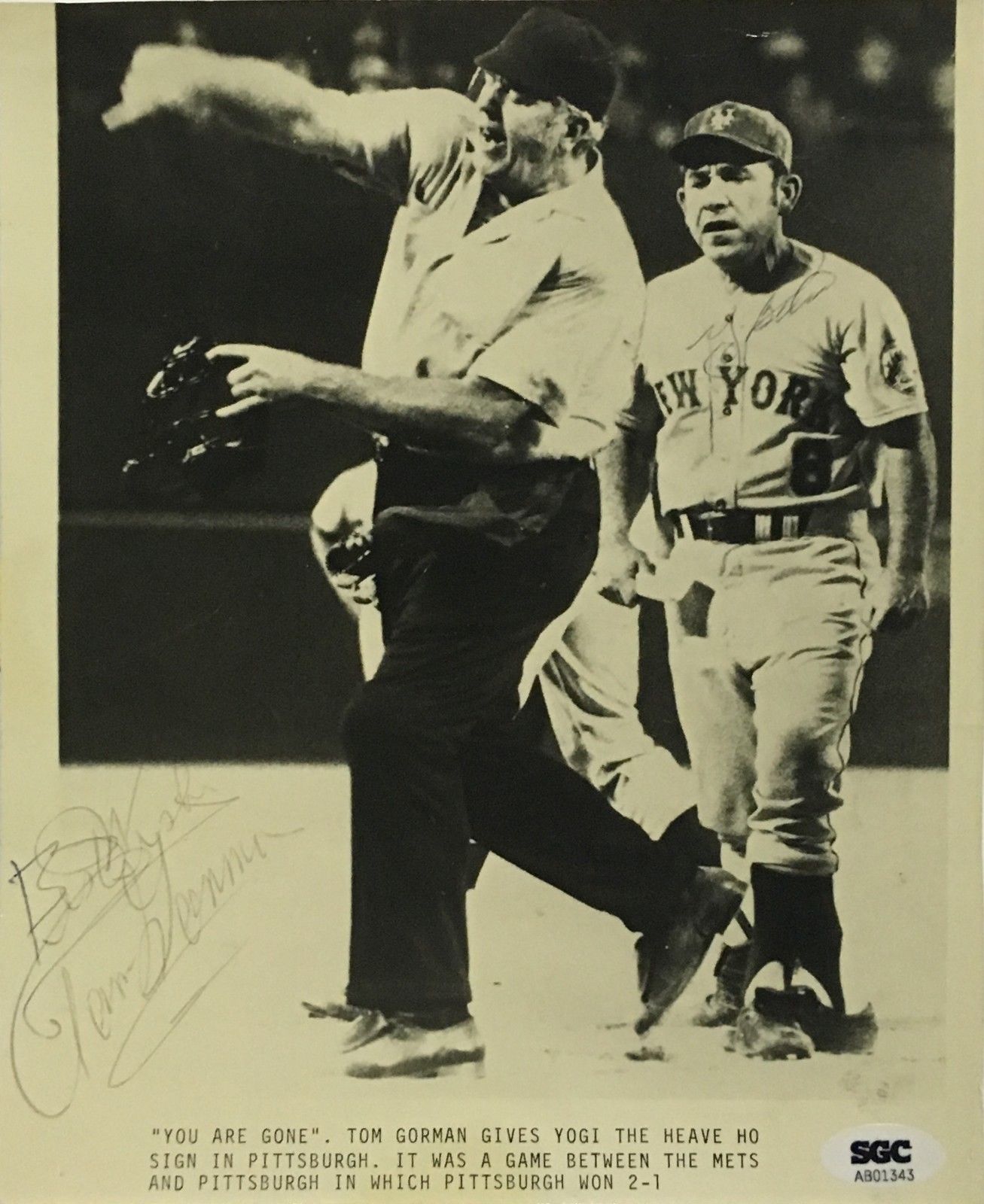 Yogi Berra Tom Gorman ejection dual signed 8×10 original wire photo SGC 1/1