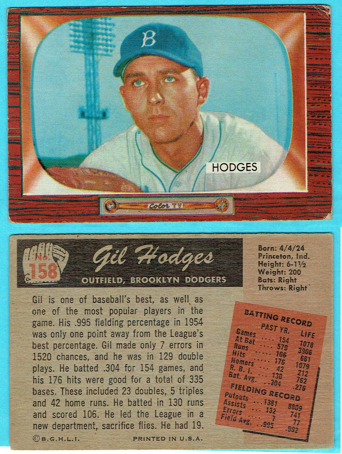 1955 Bowman Gil Hodges card #158 Baseball Card Brooklyn Dodgers ws champions