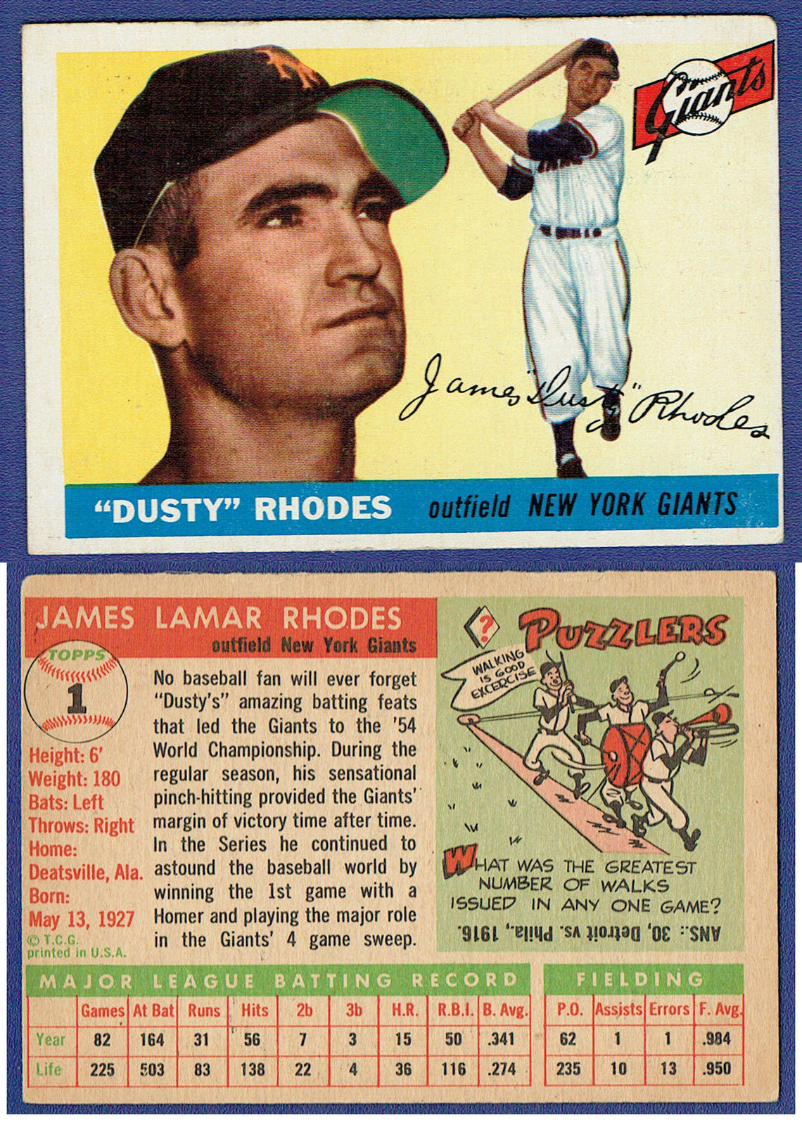 1955 Topps Dusty Rhodes Baseball Card #1 Giants No Creases