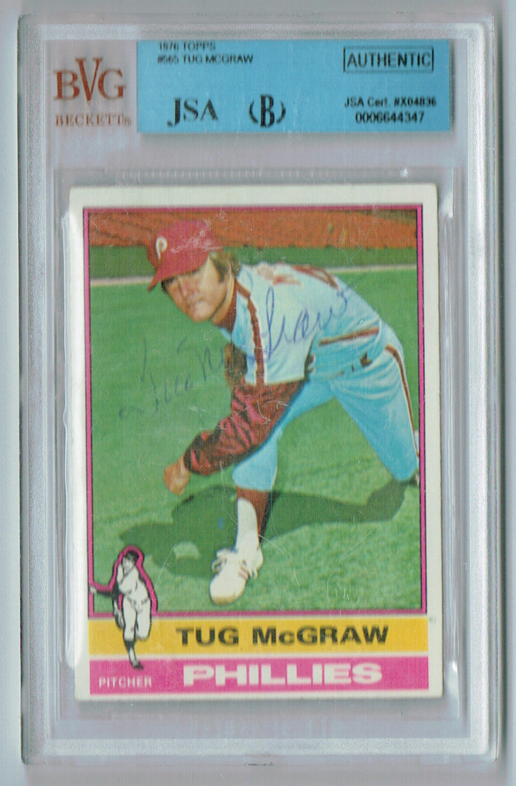 1976 Topps Tug McGraw Signed Baseball Card #565 auto  BGS JSA coa