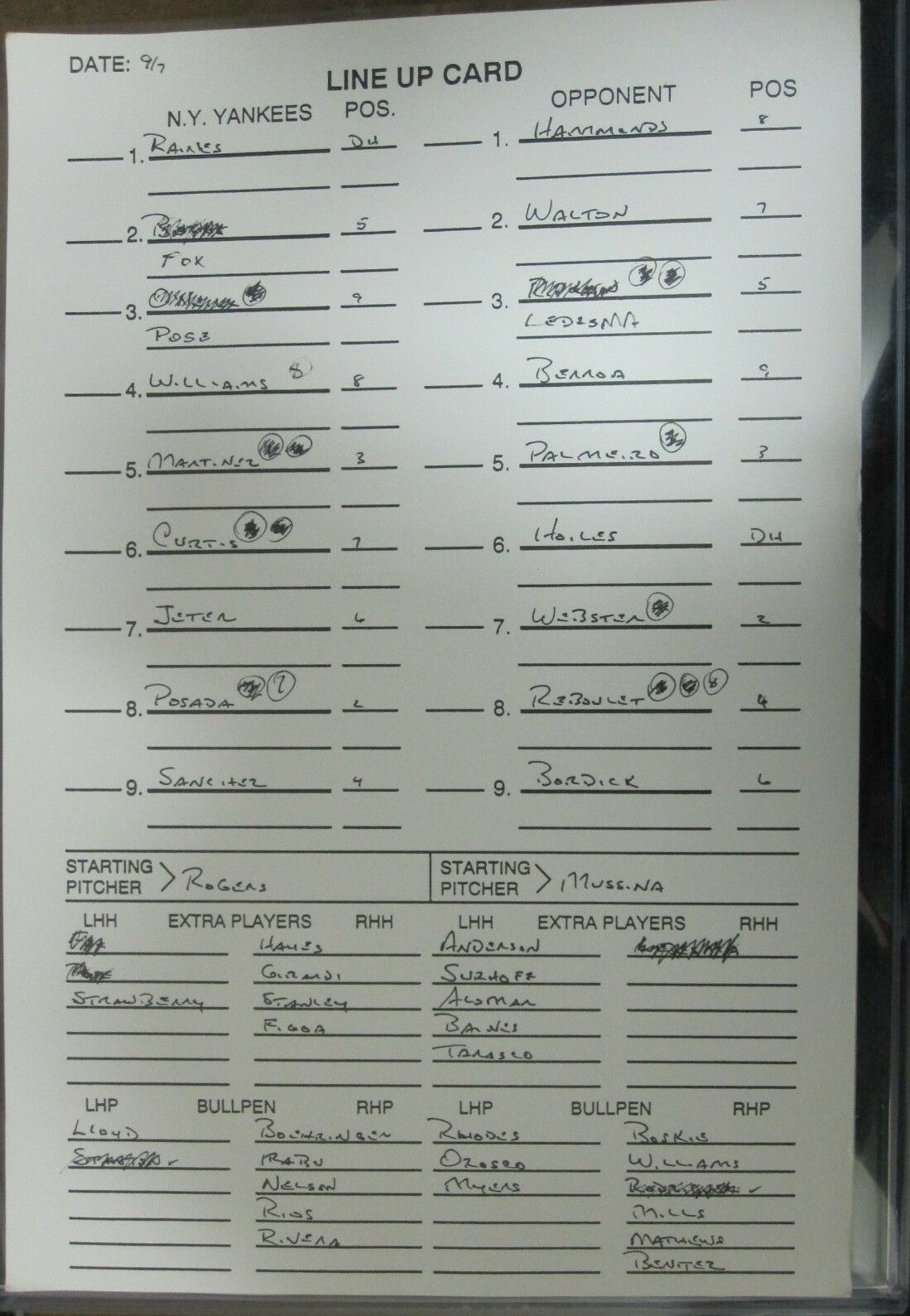 1997 Original Dugout Yankees Lineup Card 9/7 1997 / Orioles Rare DEREK JETER 1/1