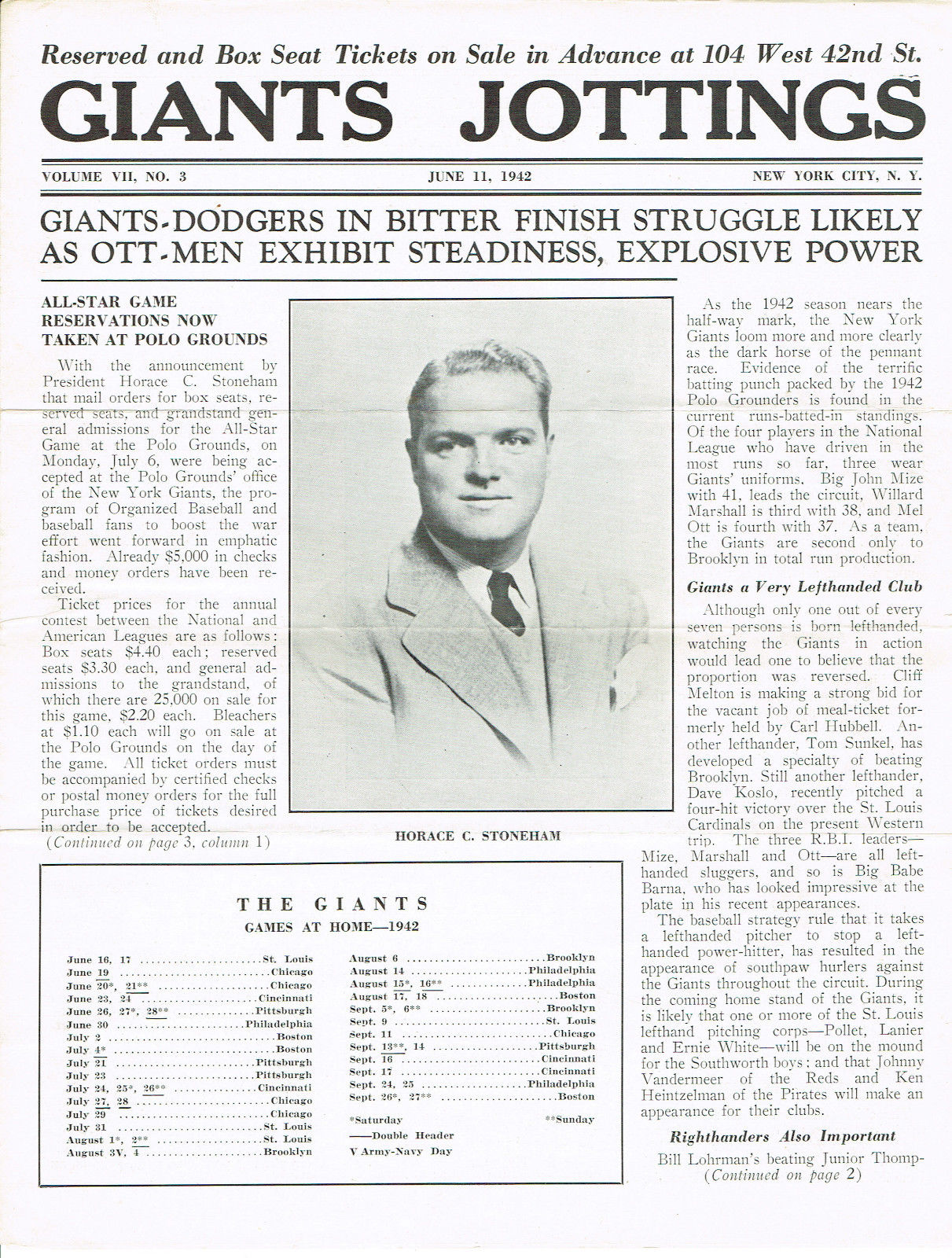 June 11 1942 New York Giants Jottings Program newsletter  Polo Grounds baseball