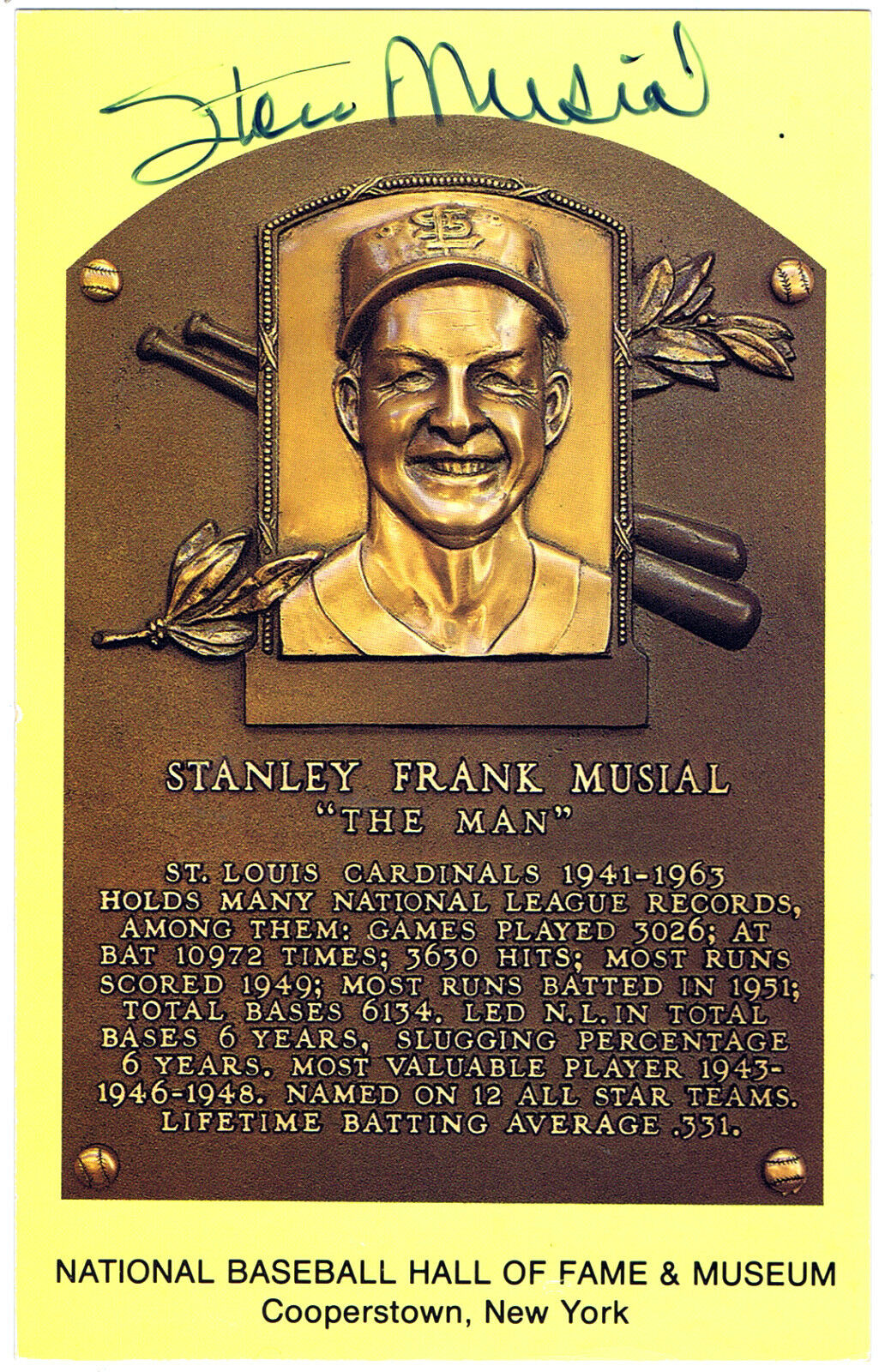 Stan Musial Signed Postcard Hall of Fame Cardinals Bold Auto COA Hologram
