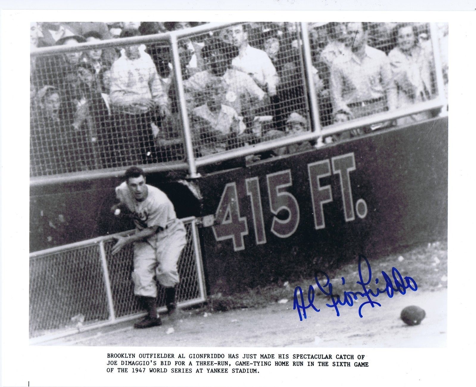 Al Gionfriddo Signed 8×10 Photo 1947 brooklyn Dodgers World Series CATCH CBM COA