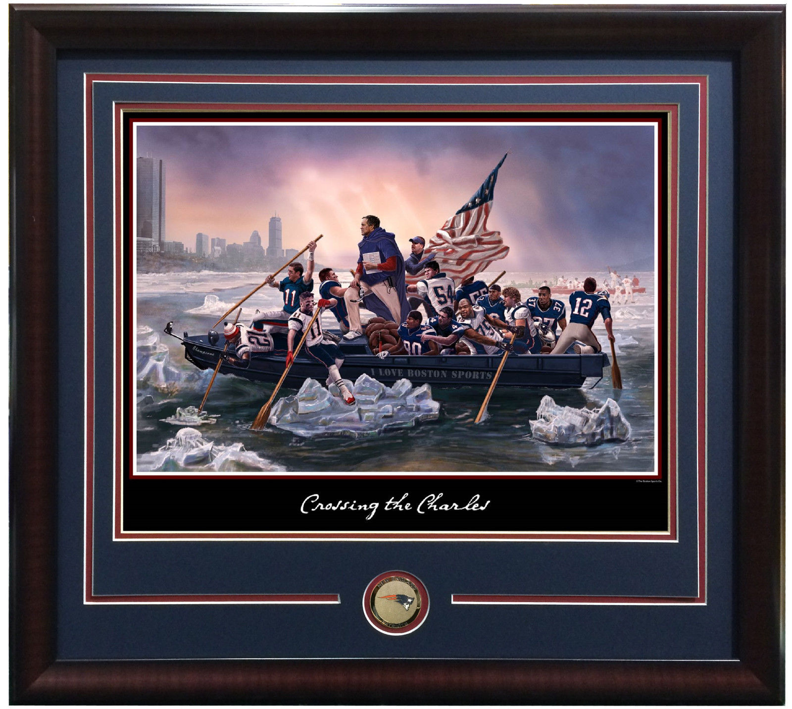 Patriots crossing the charles 16×20 lithograph photo framed coin Tom Brady MVP