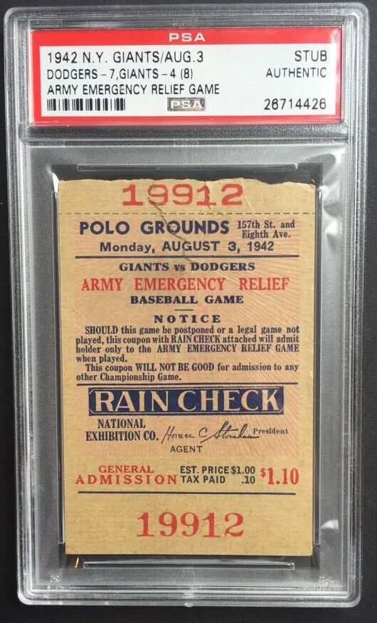 1942 Army Emegency Relief Game Ticket BROOKLYN Dodgers Giants Polo Grounds Psa