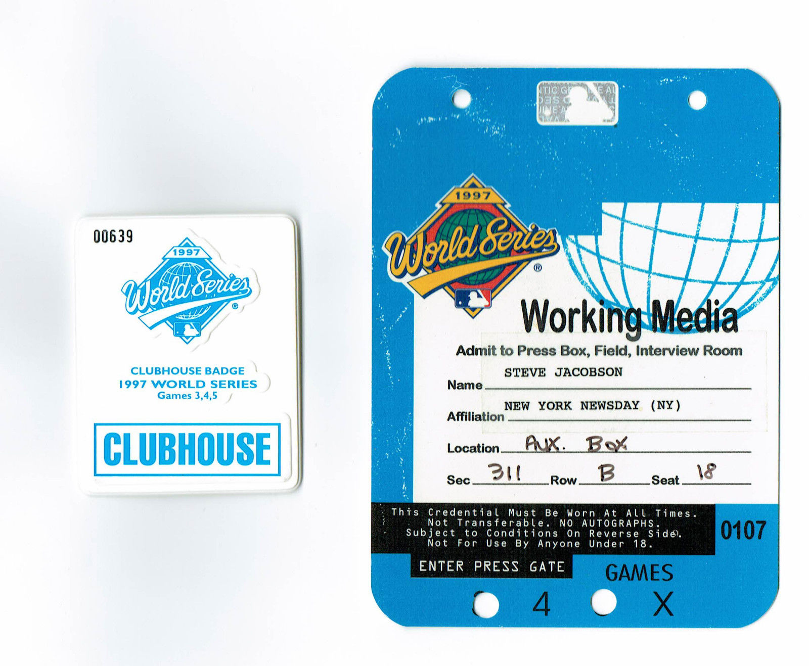1997 World Series Media Press Pass Ticket & Clubhouse Badge Pin Florida Marlins
