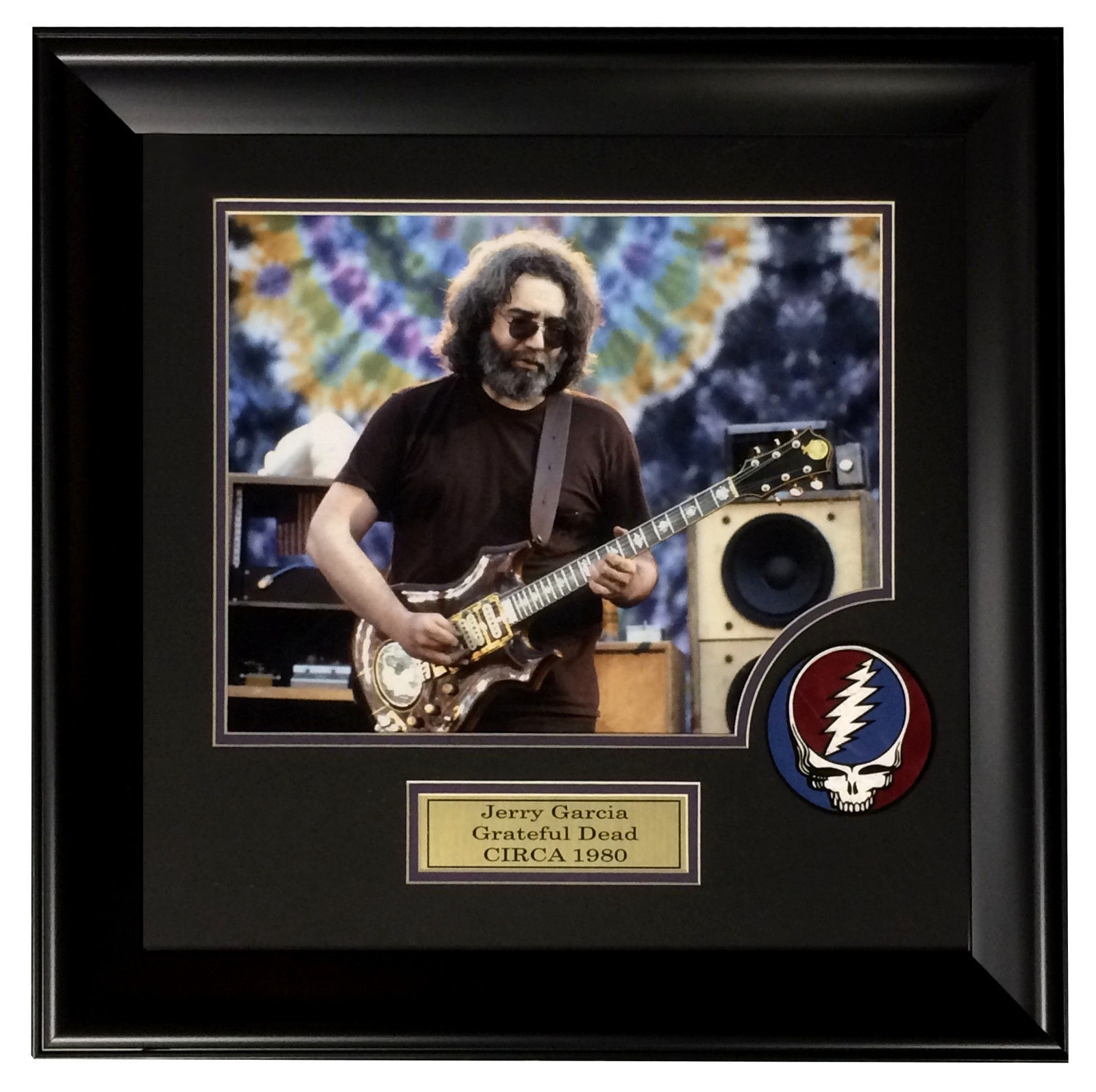 Jerry Garcia Grateful Dead 11×14 photo SUEDE logo patch collage framed 21X21